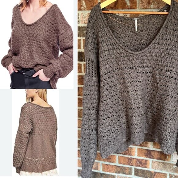 Free People  *Crashing Waves Pullover Sweater Brown Knit Relaxed Womens Sz Small - Picture 1 of 13